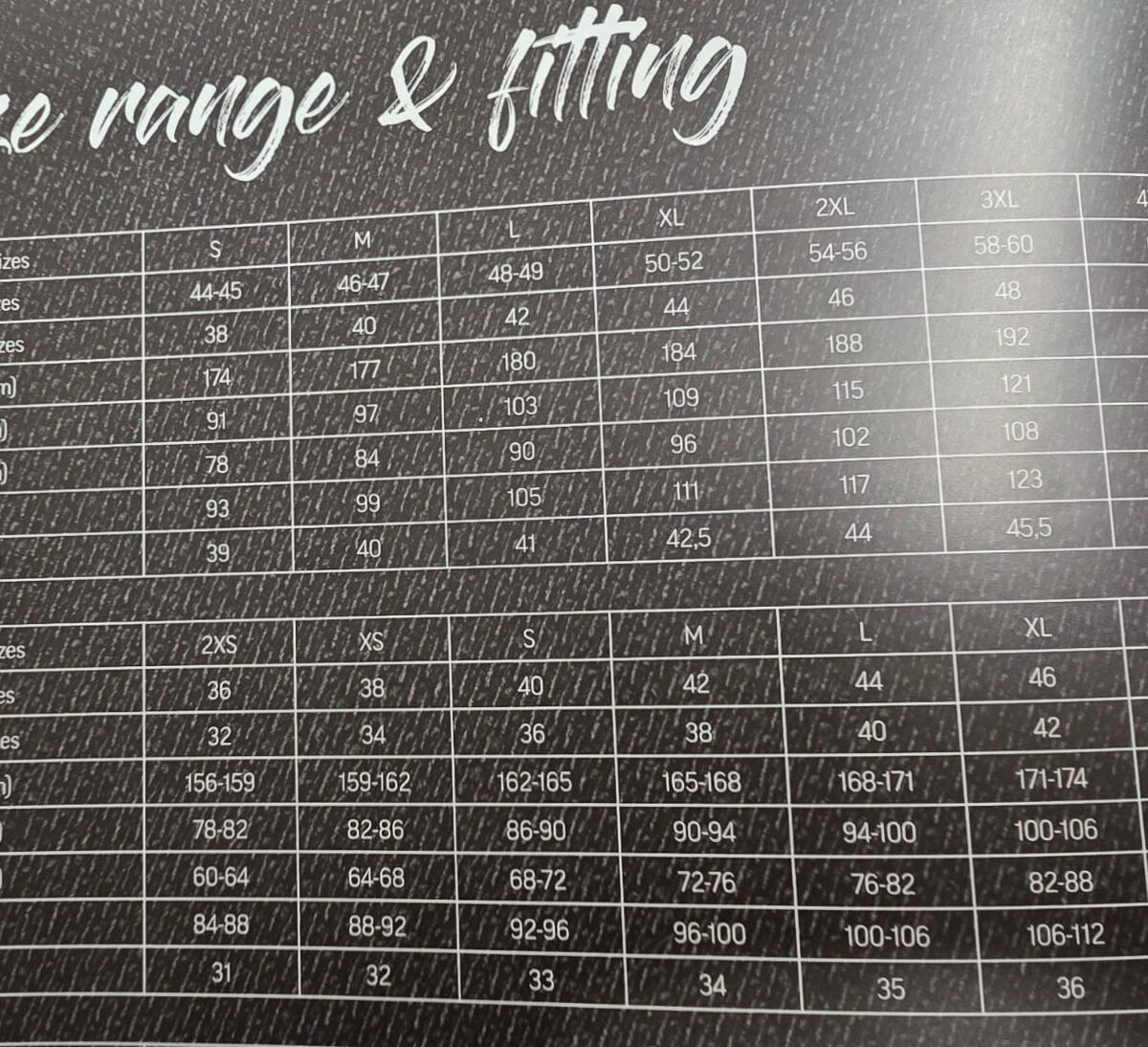 BPGC CUSTOM SIZE CHART