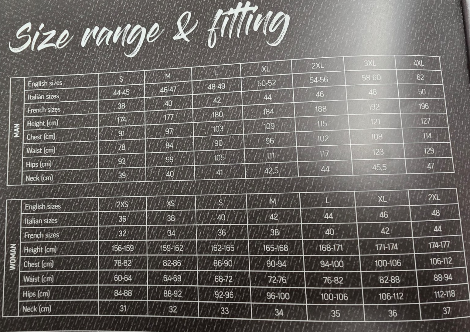 CUSTOM SIZE CHART – GIG CLUB